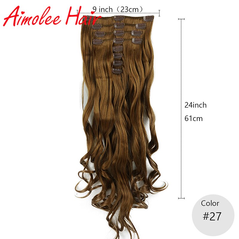 Extensiones de cabello de 24 pulgadas, 8 unidades por juego, pelo sintético largo ondulado Natural de cobre rojo Auburn, 16 clips de fibra de alta temperatura: #27