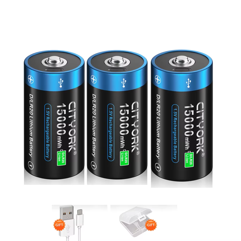CITYORK-batería de litio recargable tamaño D, 1,5 V, carga USB, baterías de iones de litio R20 LR20 con USB para estufa de Gas, linterna de agua: Blanco