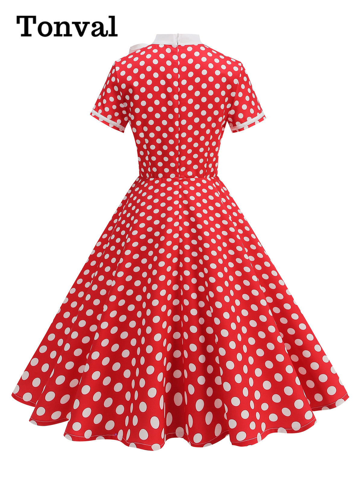 Tonval 1950s vintage fest fødselsdagskjole sommertøj til kvinder sløjfe hals polkaprikket print midi swingkjoler