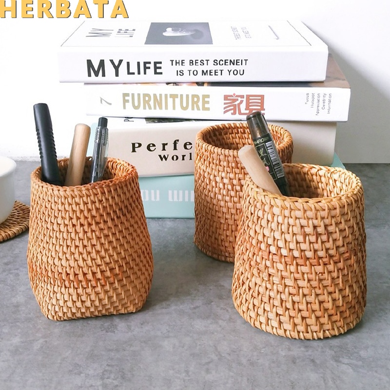 Simple Autumn Rattan Hand Woven Pen Holder Organizer Makeup Brush Holder Stationery Office Desk Accessories Decor