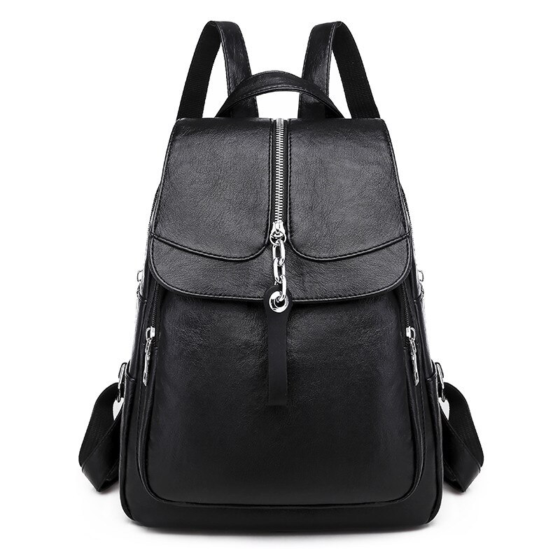 Sorte kvinder rygsække mochila læder kvindelige rejse rygsække lynlås skoletasker til teenager piger laptop packback