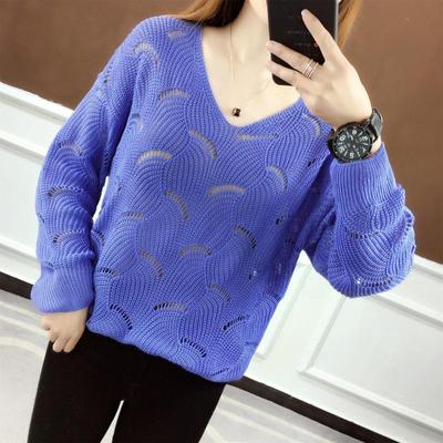 Suéter fino de verano para mujer, informal, liso, con agujeros, manga larga, cuello en v, prendas de punto sueltas, suéteres de punto: Azul