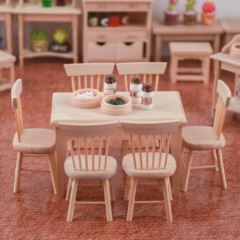 1/12 Miniature Dollhouse Furniture Wooden Dining Table Chair Simulation Toy