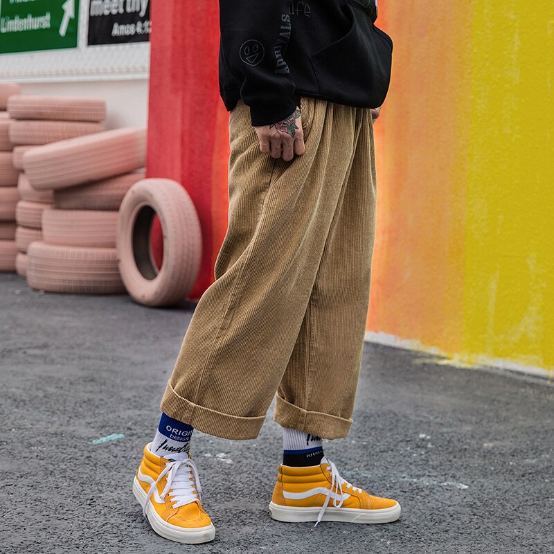 Corduroy-pantalon à jambes larges pour hommes et femmes, Streetwear Hip-hop, taille élastique, style japonais, ample, couleur Baggy, collection pantalons décontractés, collection