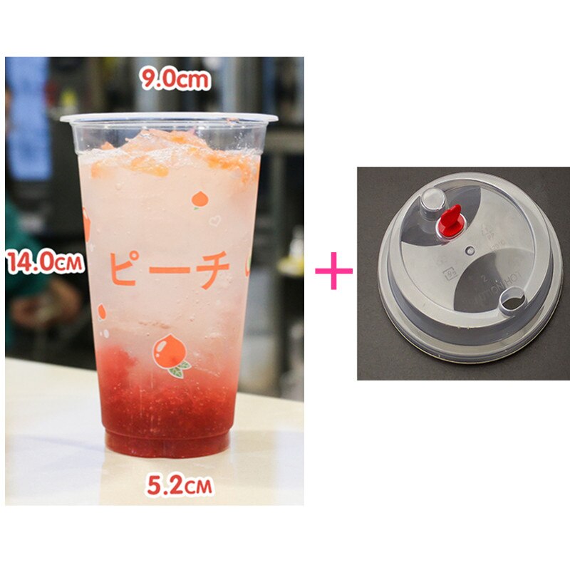 50pcs 90 caliber 500ml transparent cold drink cup fruit lemon peach pattern disposable juice plastic cups with lid: cup and lid3