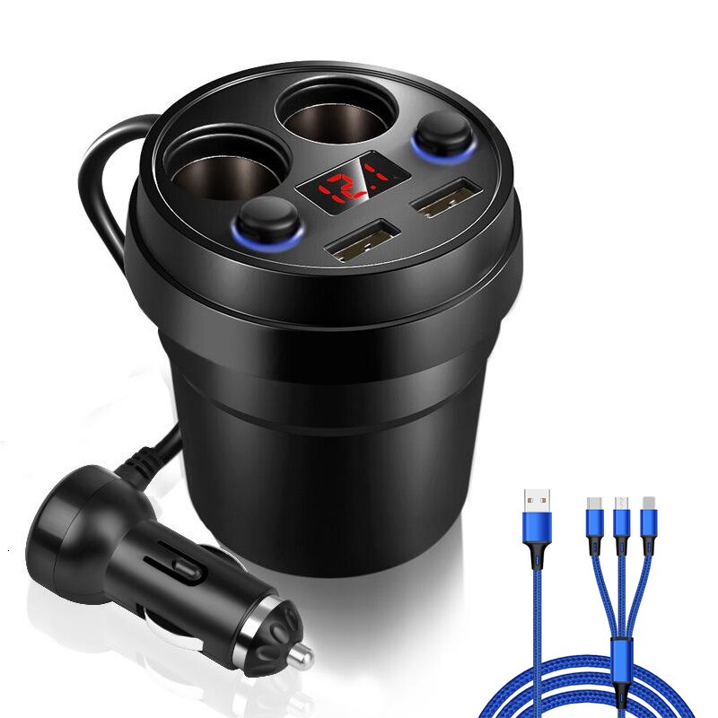 Usb Splitter Voor Auto Splitter Sigarettenaansteker In Een Auto-oplader Bekerhouder 2USB Poorten Led Dsiplay: With 3 in 1