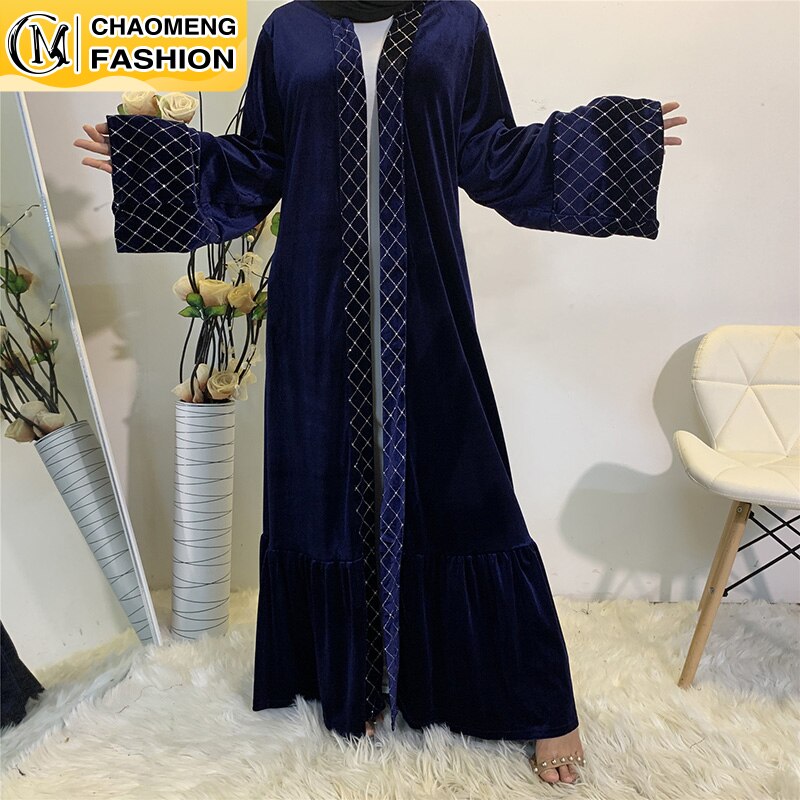 Ankomster gyllene sammet öppen front abaya kimono kvinnor muslimsk klänning blygsam slitage dubai kalkon ren abaya duster kofta