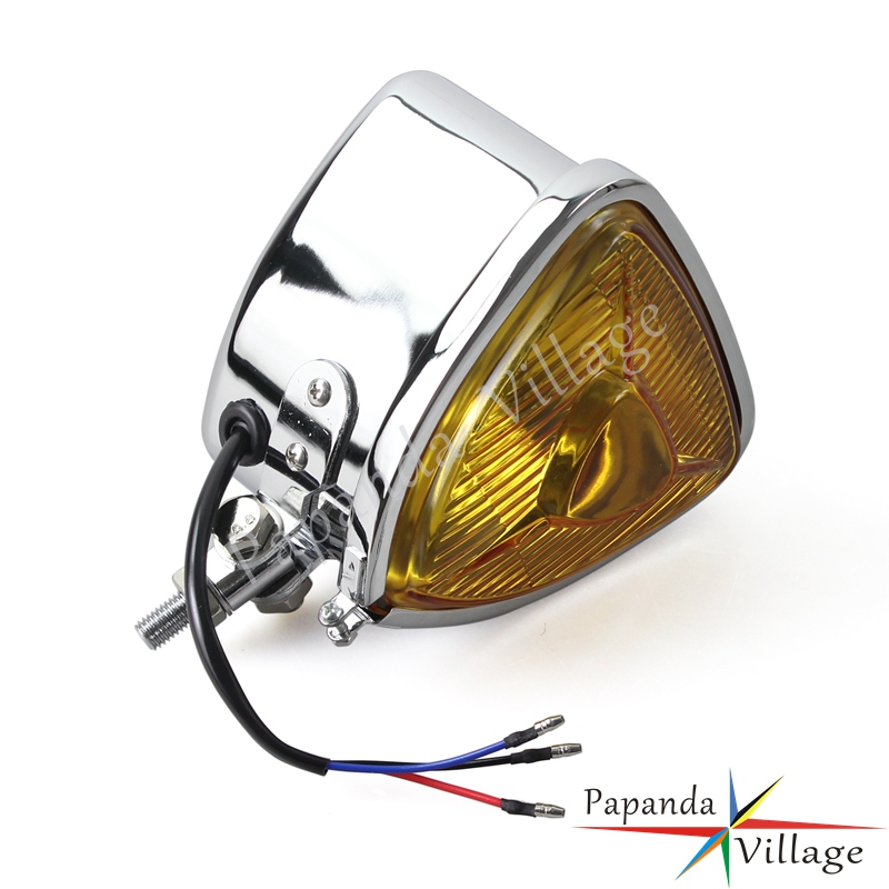 Phare triangulaire universel chromé pour motos Harley XL883 XL1200 Street Bob Fat Bob Low Rider Chopper, ambre H4 12V: Argent