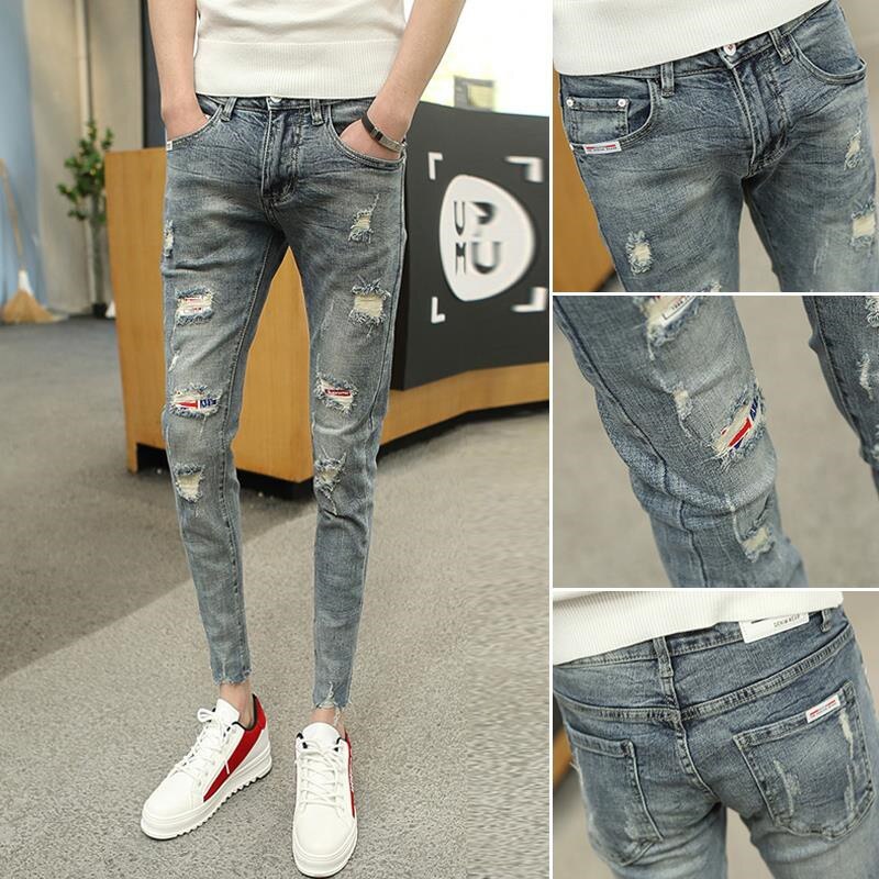 Trendy mænds jeans sommer ankel længde bukser revet hul trendy slanke tynde fødder bukser social fyr teenagere jeans mænd