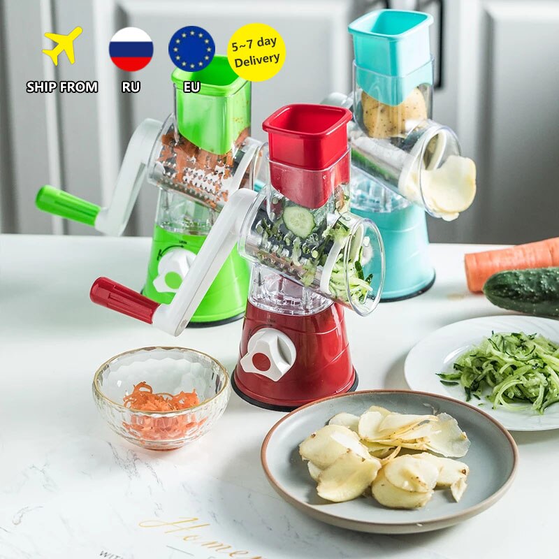 Vegetable Slicer Manual Vegetable Chopper 3 in1Round Grater Multifunctional Cutter Potato Spiralizer Gadgets Kitchen Accessories