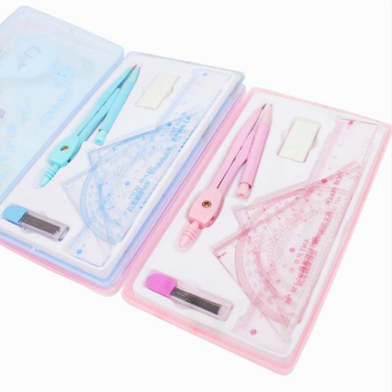 1 Set Cute Drawing Math Compasses Set With Refills/Ruler/Eraser For Drawing Drafting Tools Students Stationery Set