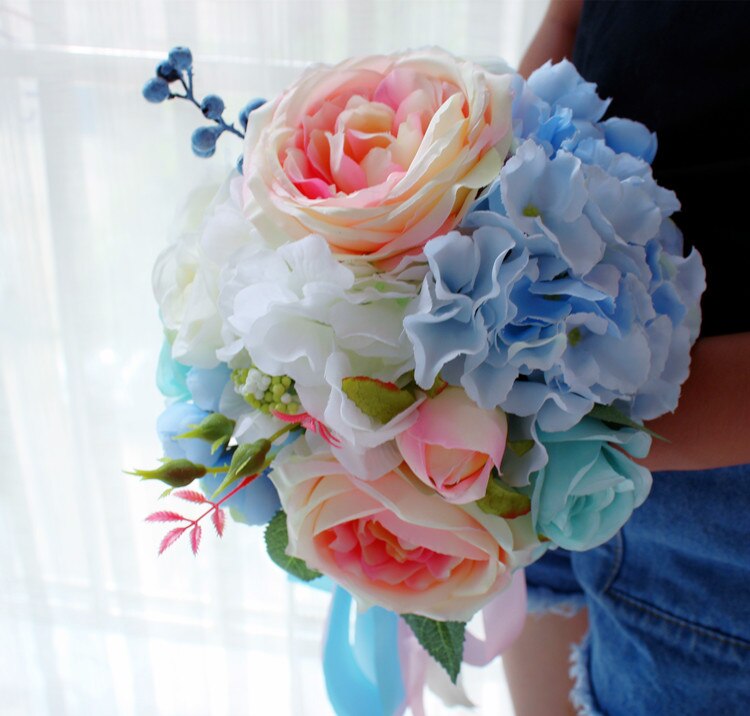 Handgemaakte Pioen Kunstmatige bruid Boeket Roze Pioen Blauwe Hortensia Blue Rose bloemen Bruidsmeisjes Boeket woondecoratie