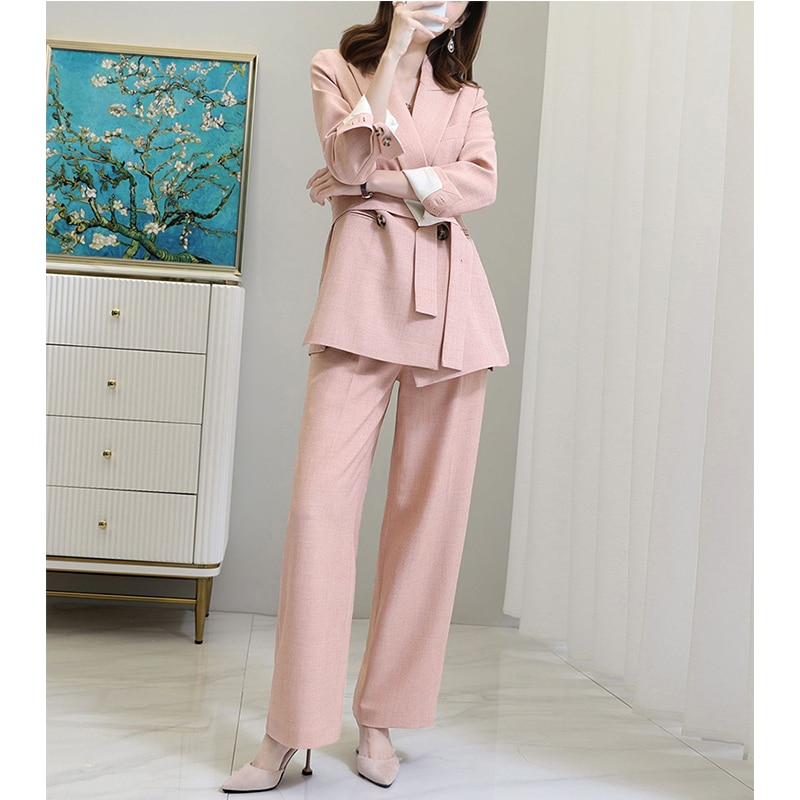 Vintage otoño mujer pantalón traje doble botonadura chaqueta entallada y pantalón de pierna ancha ropa de oficina trajes de mujer conjuntos Plus 5XL