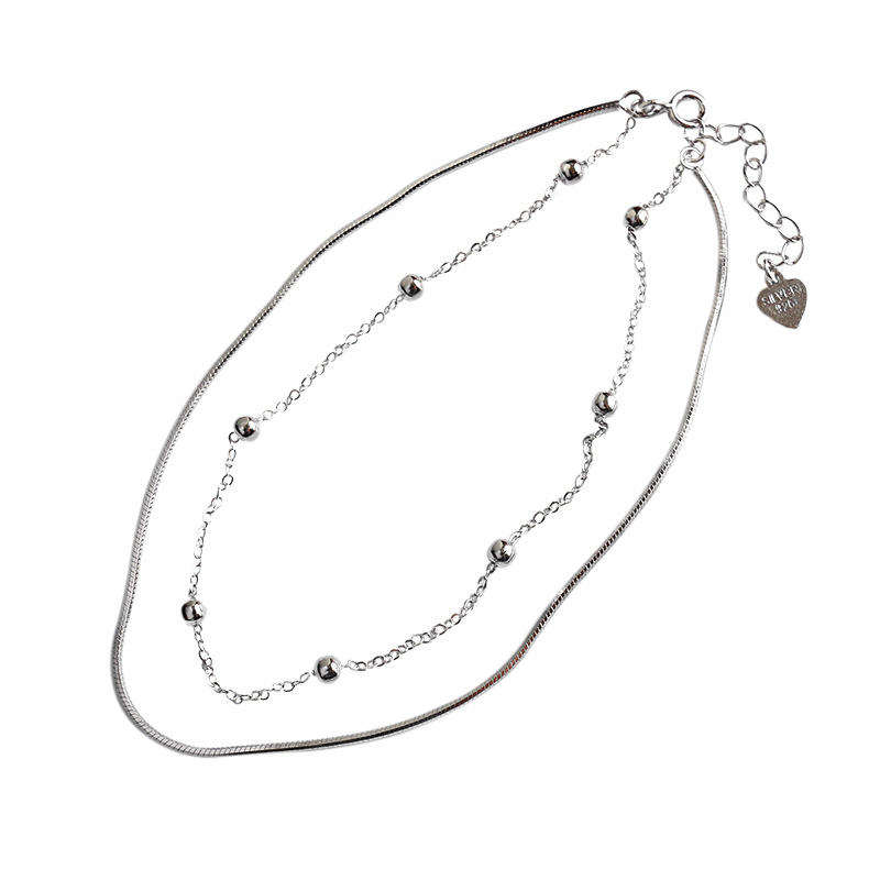 Véritable 925 en argent sterling double couche perles cheville chaîne jambe bracelet femme, bracelets de cheville pour femmes plage bijoux