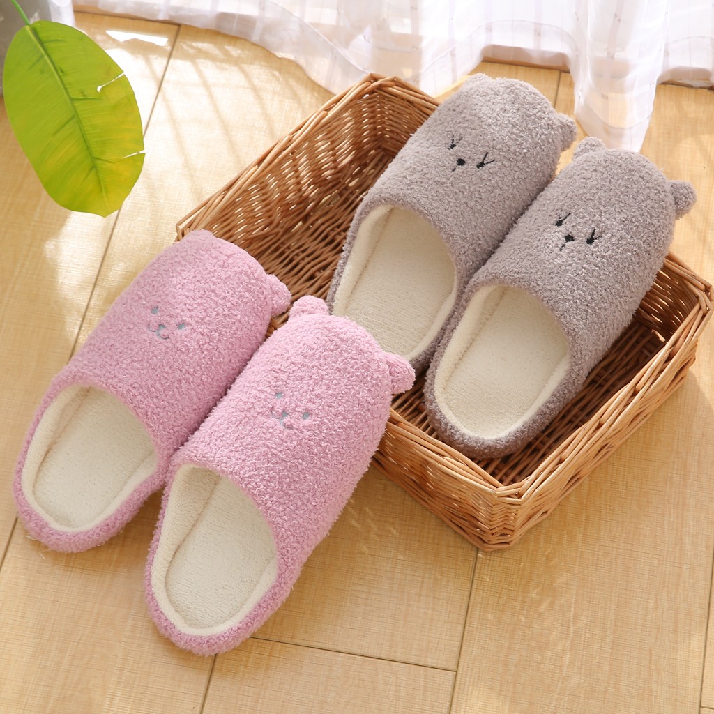 Vrouwen Leuke Cartoon Beer Slippers Winter Warm Flock Slaapkamer Slipper Indoor Platte Schoenen Zachte Pluche Slippers Zapatos De Mujer FN55