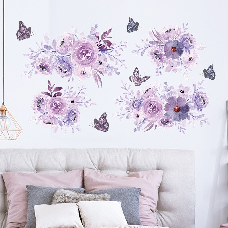 40x60CM Purple Flower Wall Stickers Art Butterfly Wall Decals For Girls Bedroom Living Room Decoration Self Adhesive Wallpaper