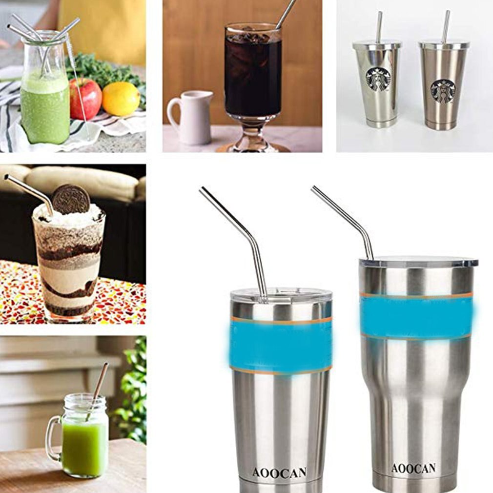 Reusable Metal Drinking Straws 4/10Pcs 304 Stainless Steel Sturdy Bent Straight Drinks Straw &amp; Bamboo straws