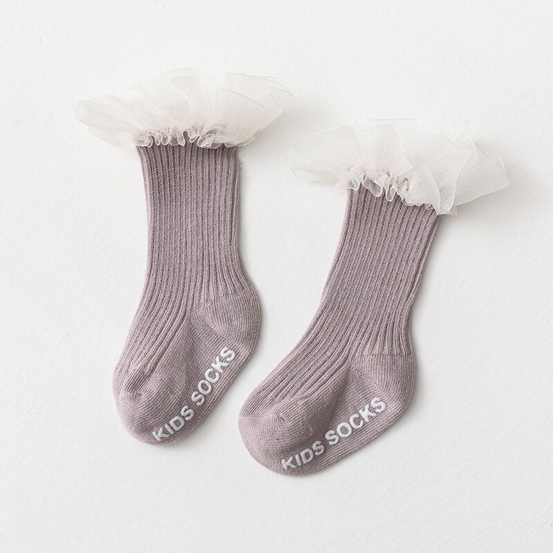 Newborn Baby Socks Infant Kids Knee High Ruffle Girls Sock Toddler Anti Slip Cotton Infant Long Frilly Lace Socks for 0-3Years: Purple / M for 1-3Years