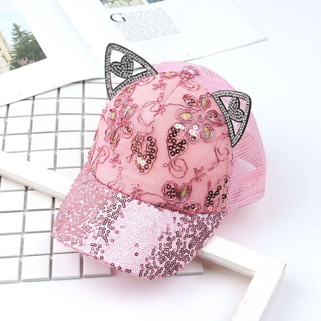 Gorra de béisbol con orejas de gato para niños, gorro de béisbol con orejas chica, visera con lentejuelas, temporada primavera: C1