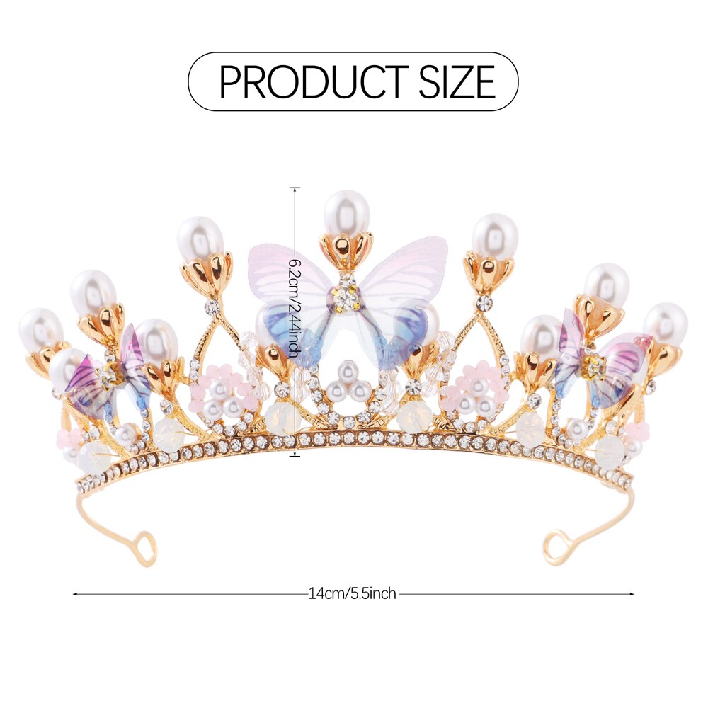 Korona księżniczki dla dziewczynek tiary motylkowe dla dziewczynek, kryształowa korona urodzinowa Model ślubny wybieg perłowy z pałąkiem na głowę