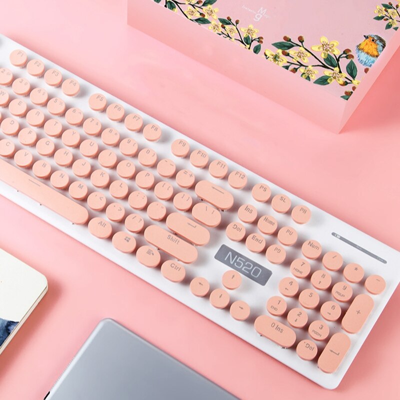 Retro Wired Gaming Keyboard and Wireless Mouse Kit Round Keycap Steampunk Keyboard Multimedia Button for PC Laptop