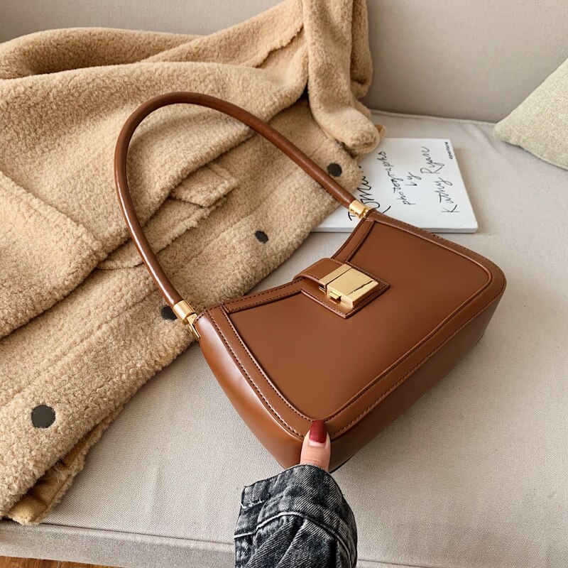 LEFTSIDE Solid Color PU Leather Shoulder Bags For Women 2022 hit Lock Handbags Small Travel Hand Bag Lady Bags: Brown