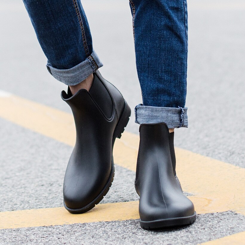 Mens Rubber Rain Boots Chelsea Boots Men Casual Slip On Waterproof Ankle Boots PVC Shoes Pointed Toe Low Top Rainboots99
