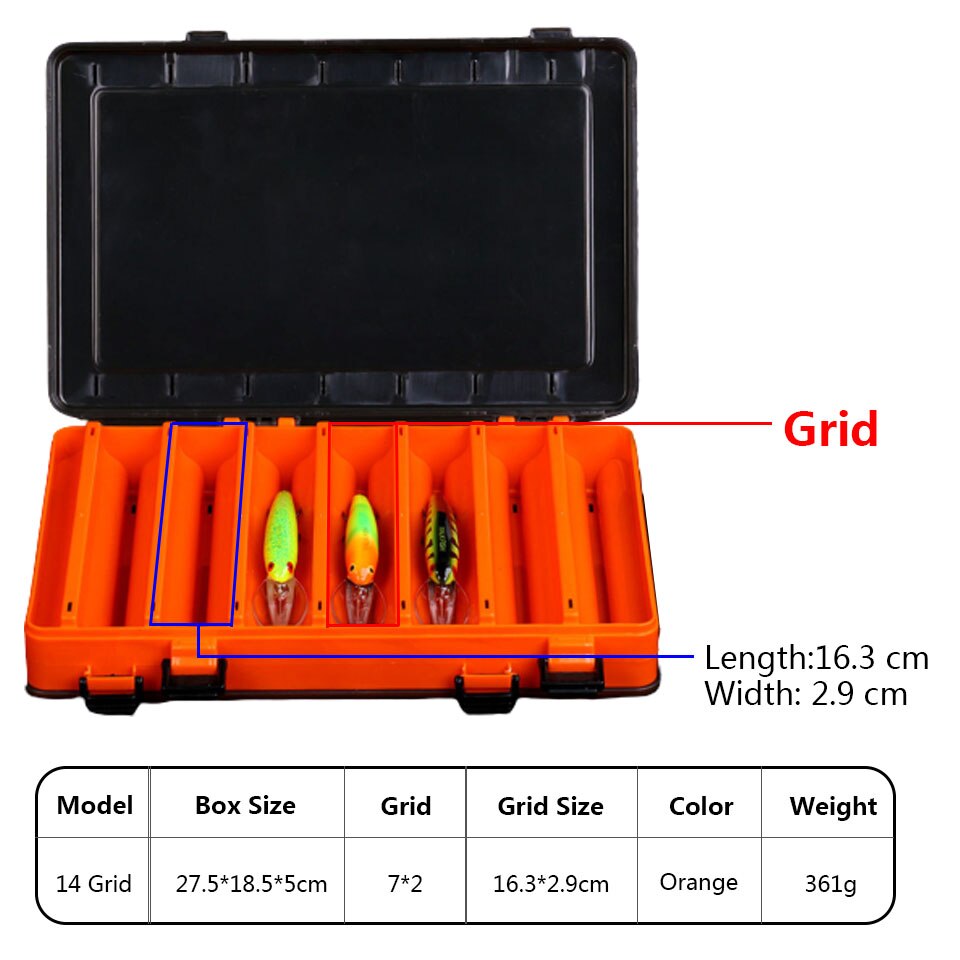 10/12/14 /24 Grids Compartments Fishing Box Double Sided Plastic Lure Hook Boxes Tackle Storage Box Supplies Fishing Accessorie: 14  Grid Orange