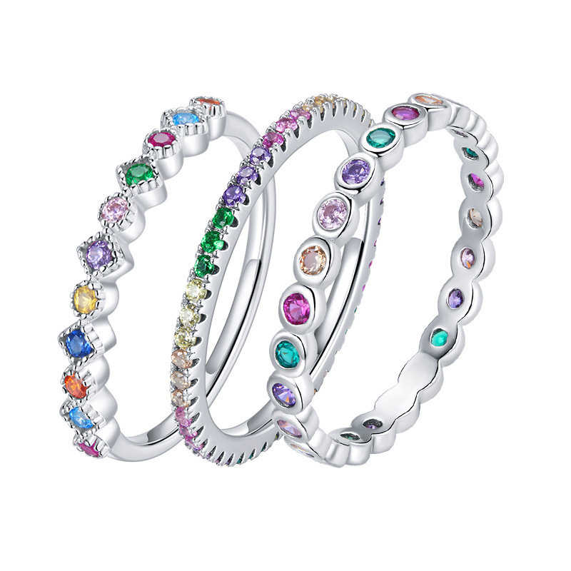 Bagues simples et fines pour femmes, rondes colorées en Zircon, couleur argent, anneau Pinky empilable, bijoux féminins, , KCR039
