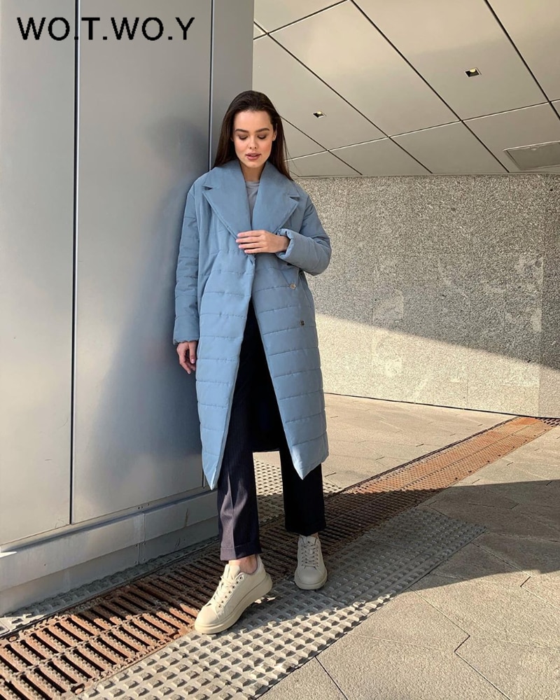 WOTWOY-Abrigo acolchado largo de Invierno para mujer, Parkas con cinturón grueso a prueba de viento para mujer, chaquetas informales liso de talla grande, ropa de nieve para mujer