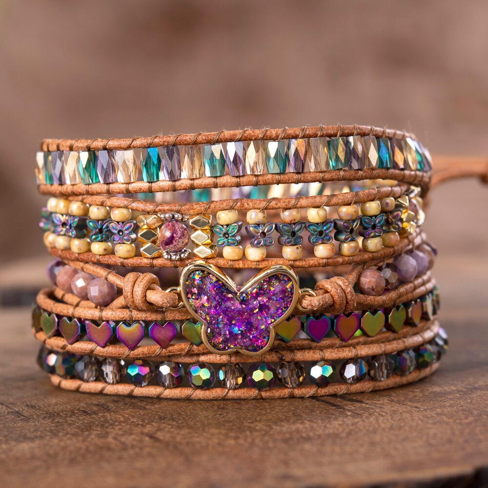 Schmetterling Opal SchöNe Damen wickeln Armbänder Fünf Stränge Leder Handgemachte Steine Armreifen