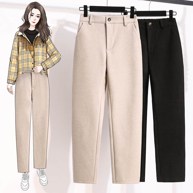 Plus Size Wollen Broek Dames 2024 Herfst Winter Nieuwkomers Beige of Zwart Pakbroek Broek Koreaanse Stijl Elastische Taille Broek