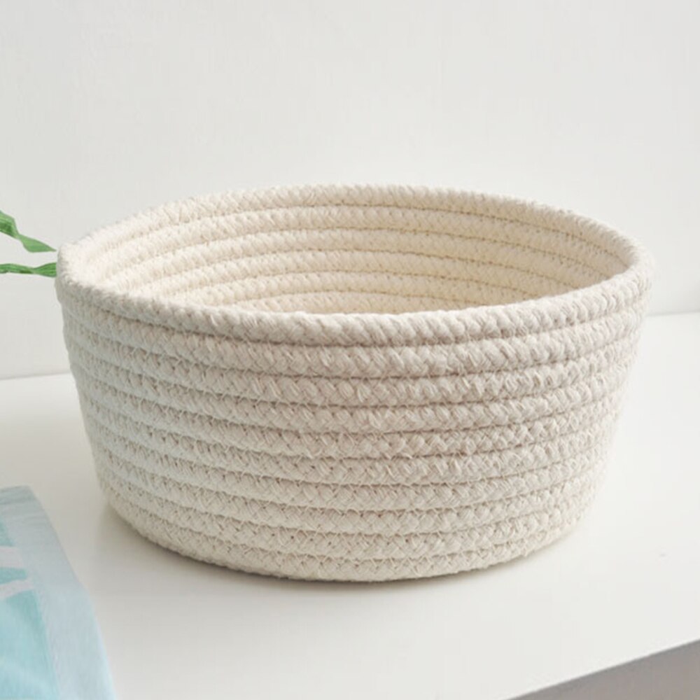 Hand-woven Basket Knitting Cotton Hamper Round Storage Plate Organizer for Bedside Tabletop Snacks Sundries Key Cosmetics: whit / S