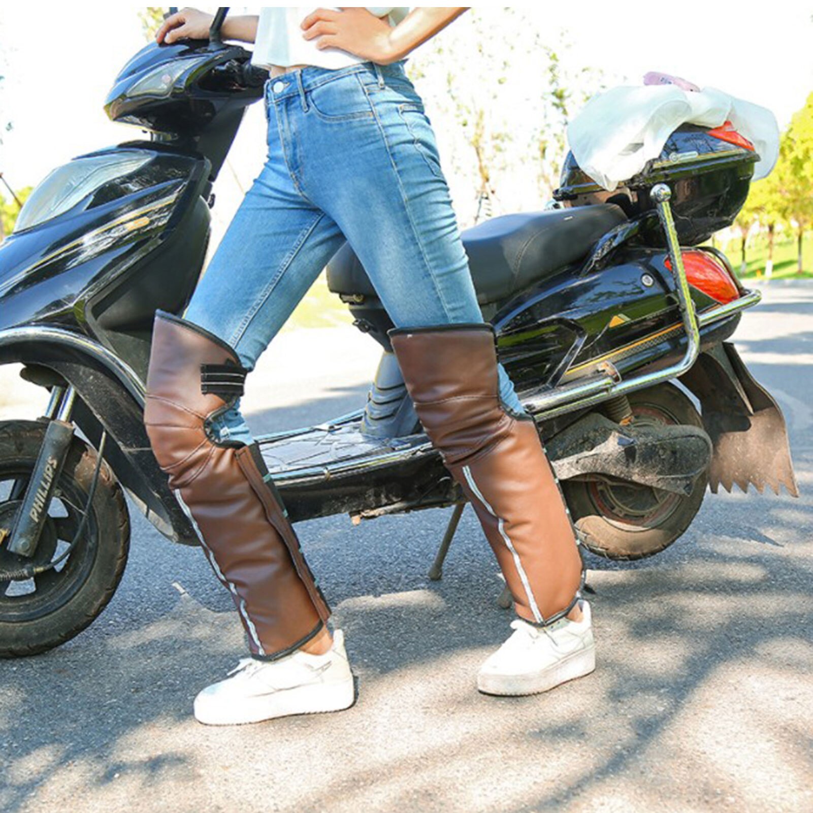 PU Leather Half Chaps Motorcycle Protective Knee Pad With Reflective Strip Thick Ski Knee Protector Waterproof Leg Warmer Moto