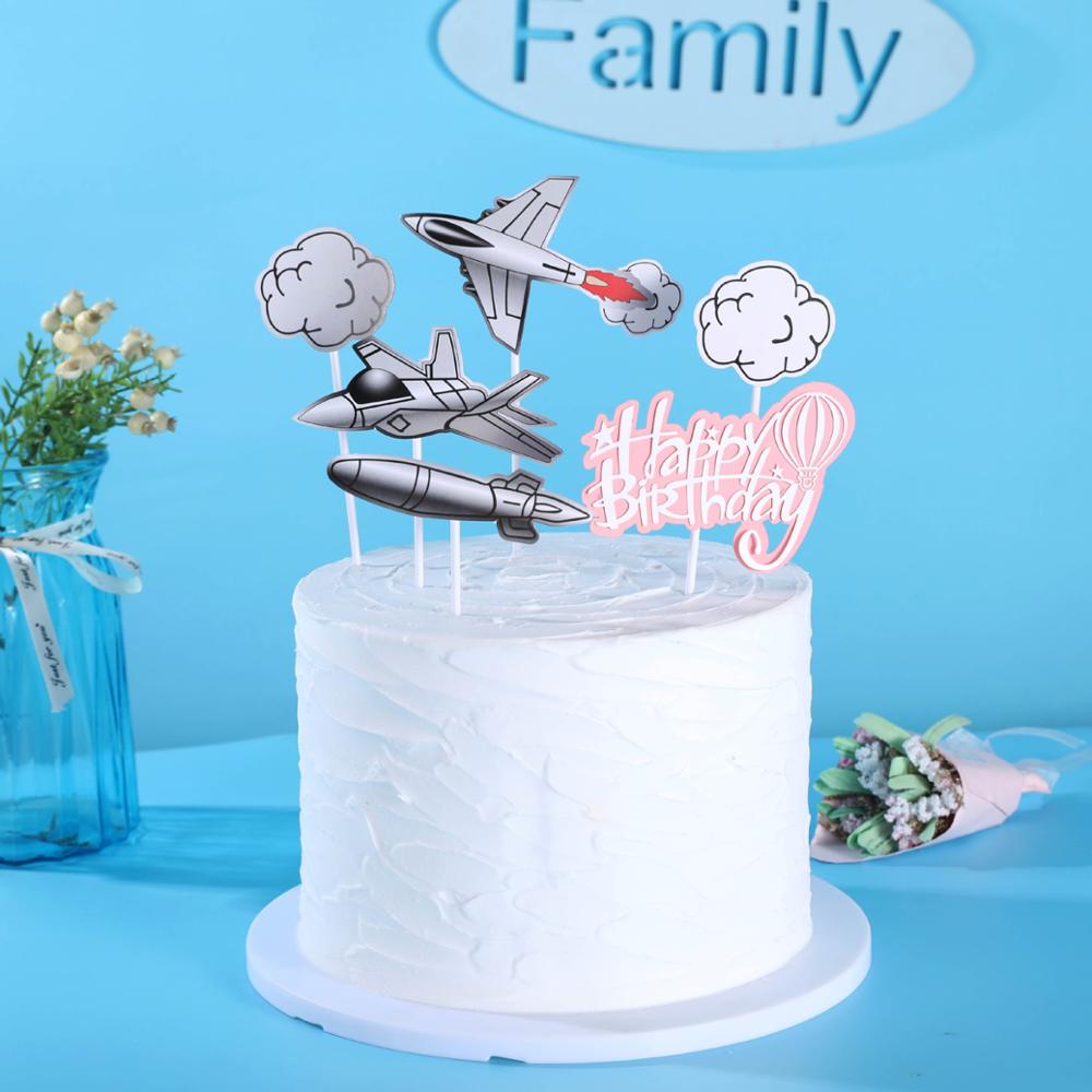 blu nuvola mongolfiera aeroplano lettera di buon compleanno tema per bambini torta di compleanno decorazione bandiera impostato: grigio-rosa