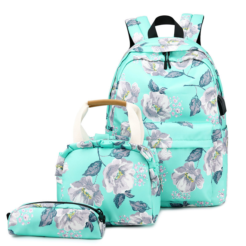 Tieners School Rugzak Set Meisjes Vrouwen Schooltassen Lichtgewicht Waterdichte Nylon Reizen Bloemen Kids Bookbags Casual Dagrugzak: K526 Green 1 Set