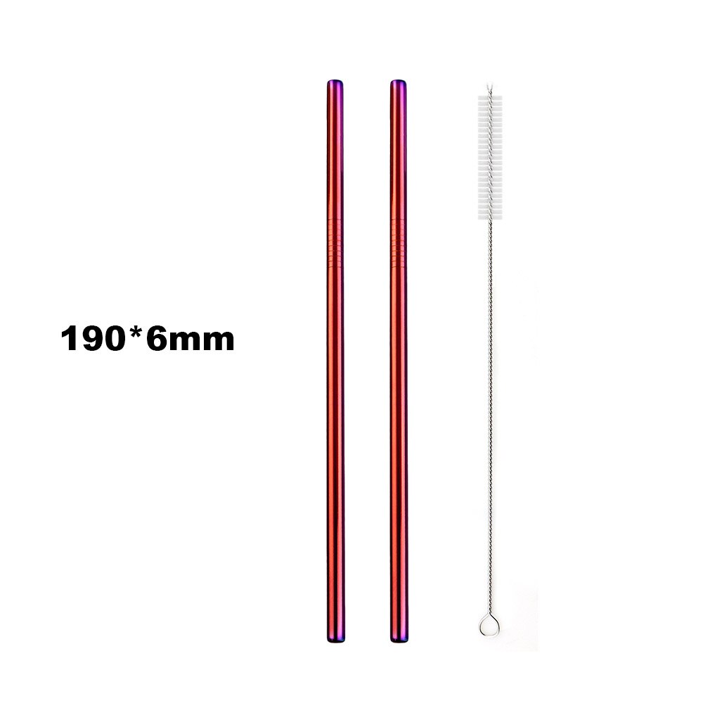 Pajilla de Metal reutilizable para beber, pajilla de Metal de acero inoxidable, paja colorida de arco iris de 16/19/21/23/26cm, diámetro de 6/8/12mm con 1 cepillo, 2 uds.: 190x6 Straight