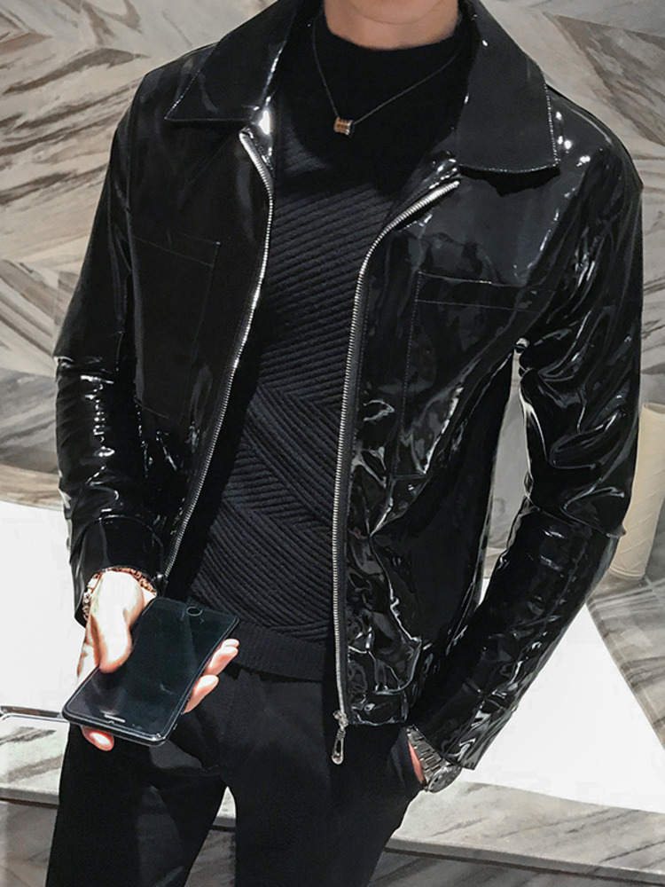 PFNW blouson en cuir brillant pour homme, couleur unie, Slim, rouge, noir, marron, boîte de nuit
