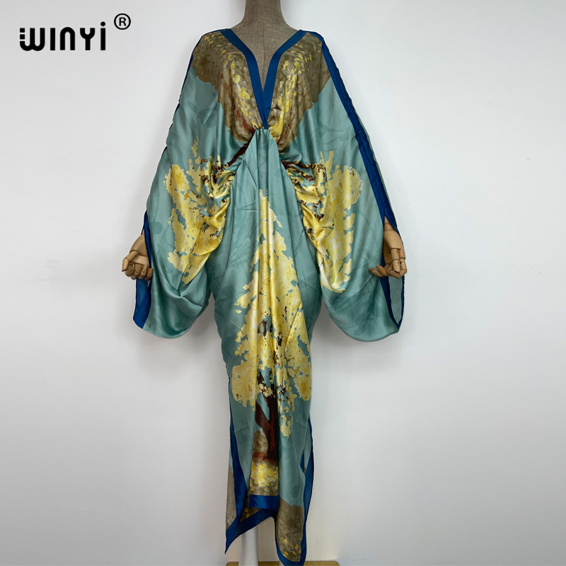 WINYI Bohemian Deep V-neck Floral europea For Lady Free Size Loose Batwing Beach cover up Party Kaftan Dress: Brown