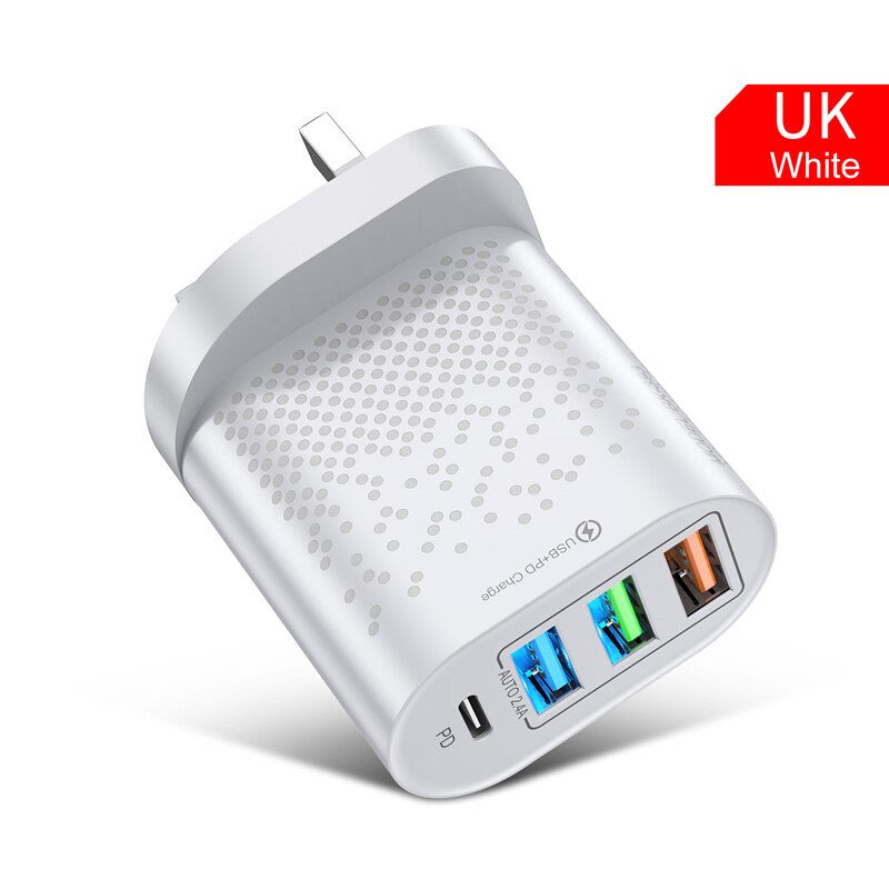 Uslion 4 Poort USB-C Charger 48W Usb Opladen Voor Iphone 12 Pro Max Macbook Xiaomi Pd Type C Muur laders Usb Charger: UK Plug White