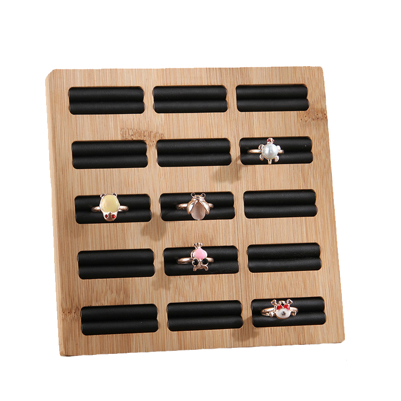 15 Grids Ringen Opbergvak Sieraden Display Rack Bamboe Pu/Fluwelen Ringen Organisator Rack Display Showcase Plank: Black PU