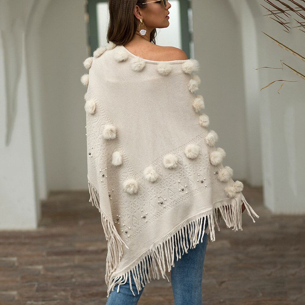Cape Poncho pour femmes, col rond, avec pompon tricoté, Capes solides, manteau , Cape, châle, automne