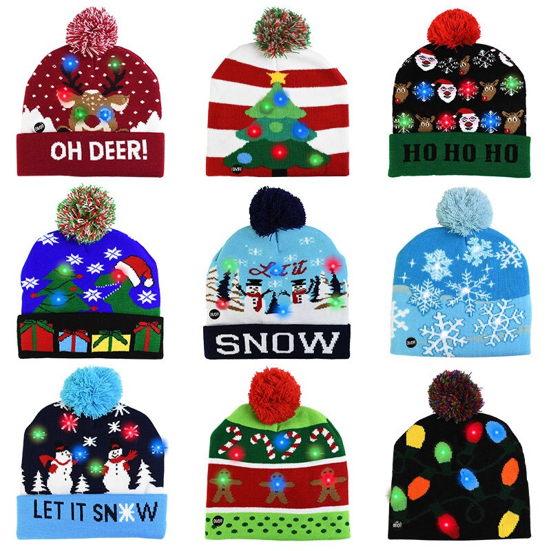 Gorros de Navidad para niños y adultos, gorro de punto de alce de Papá Noel, con luz LED, decoración Navidad, 1 ud.