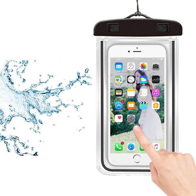 3.5-6 tommer vandtæt svømmetaske telefonpose drift dykning lysende undersøisk tørtaske telefon cover til vandsport strand: Sort farve