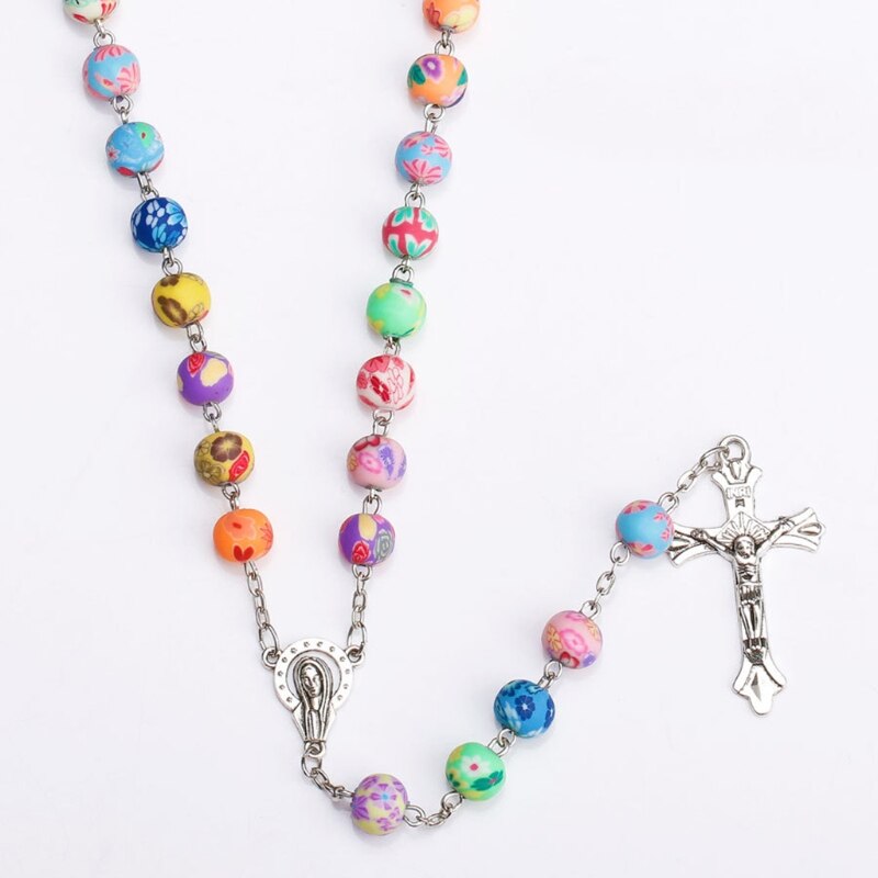 Religieuze Rozenkrans Ketting Kruis Hanger Katholieke Polymer Clay Bead Chain Sieraden QX2E