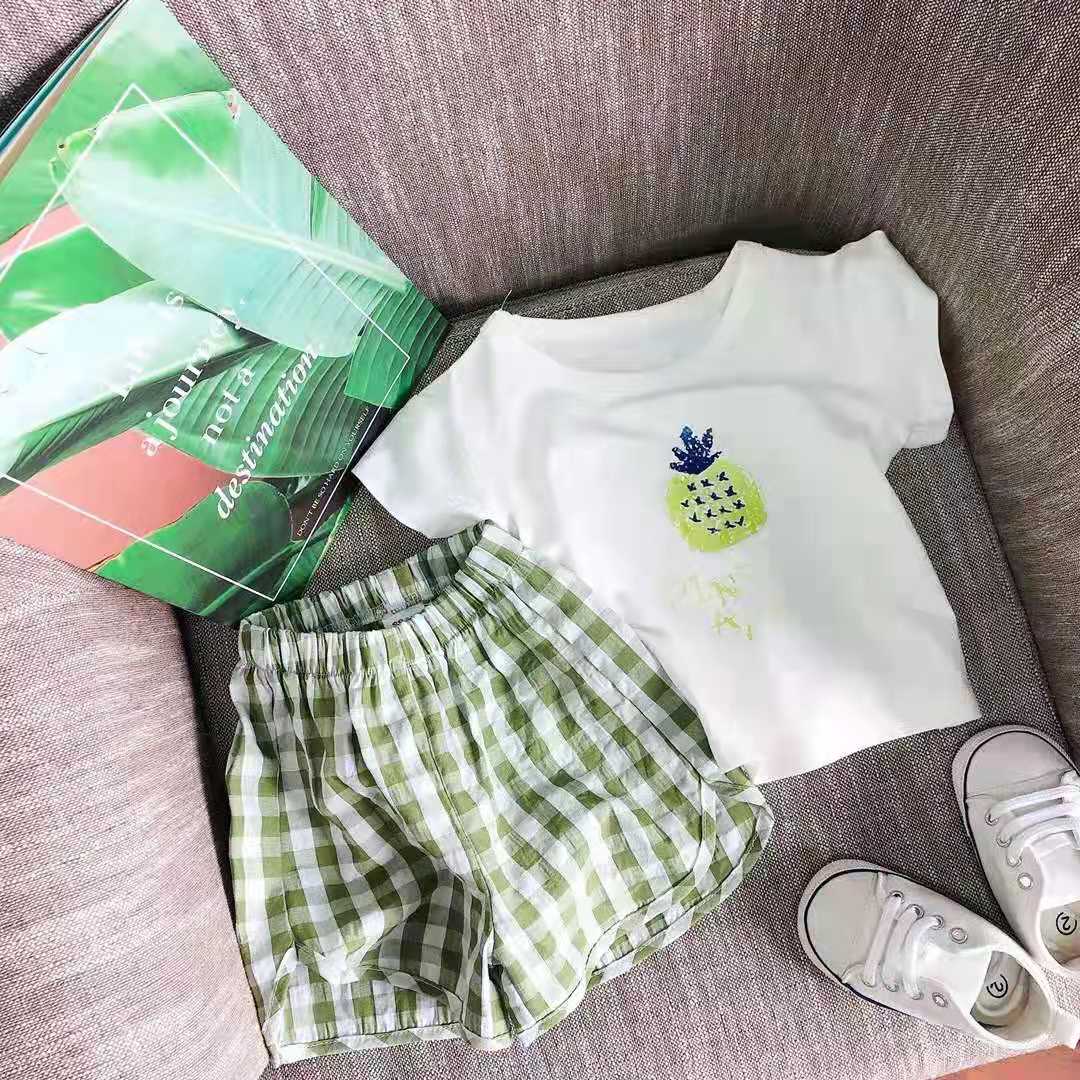 Ensemble de vêtements en coton pour bébés garçons et filles, 2 pièces, haut à manches courtes et Short, dessin animé, été 7424: green pineapple set / 90cm