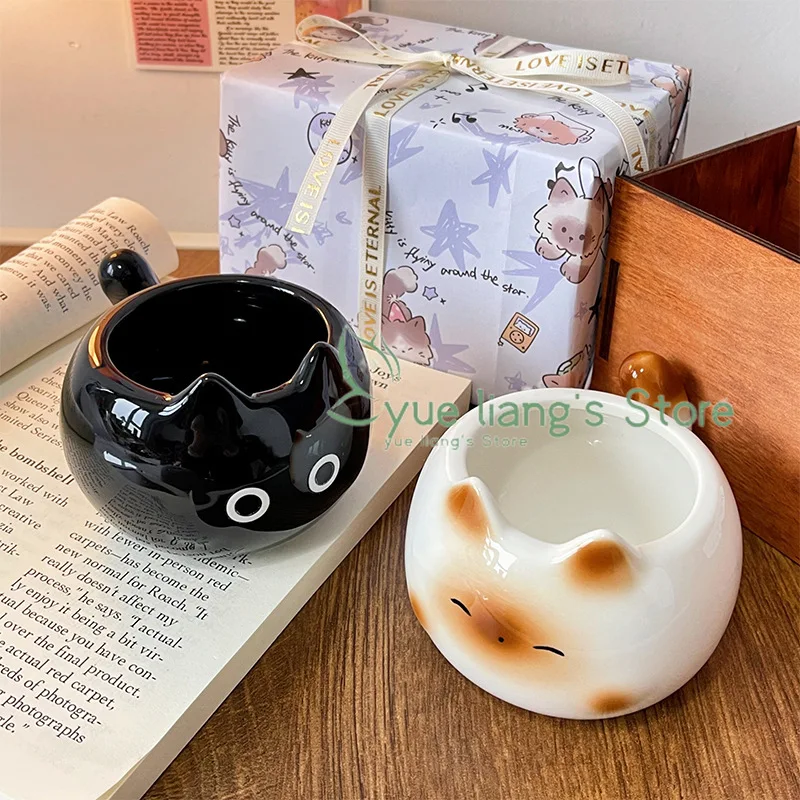 Taza de gato siamés, taza de cerámica de dibujos animados con tapa, cuchara, taza de agua, taza para pareja, divertido para cumpleaños de amigos