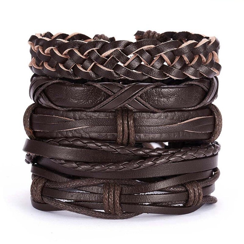 Pulseras trenzadas de cuero multicapa para hombre, brazaletes de cuerda hechos a mano, con forma de búho, hoja y estrella, para: 03