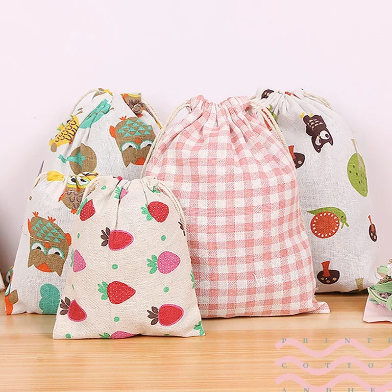 Bolsa de tela de lino y algodón, bolsa con cordón, estampado de plantas y animales bonitos, bolsa de almacenamiento de zapatos de tela de viaje para niños, estuche de maquillaje, bolsa de de Navidad