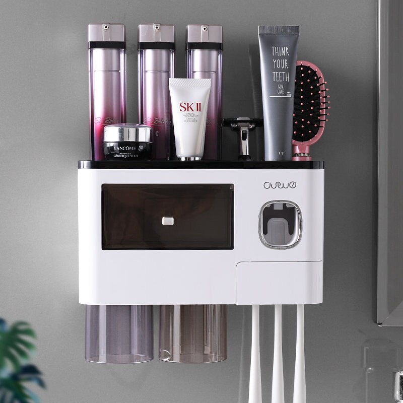 Guret magnetisk tandbørsteholder til badeværelsetilbehør automatisk tandpasta squeezer dispenser vægmonteret opbevaringsstativ: Sort 2 kopper